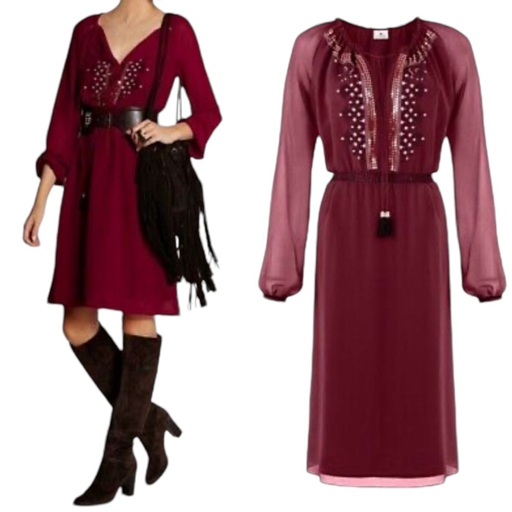 Altuzarra Georgette Sequin Tassel Dress Sz 2 Maroon Pheasant Embroidered MIDI